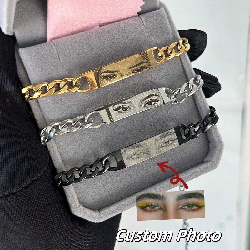 Customized Photo Engraved Couple Bracelet Personalized Laser Engraved Eye Picture On Stainless Steel Chain Jewelry Couples Gifts