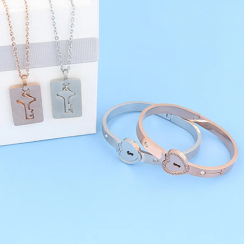 Valentine's Day Stainless Steel Bracelet Love Lock Bracelet Can Be Opened Key Pendant Necklace Men And Women Couple Jewelry Gift