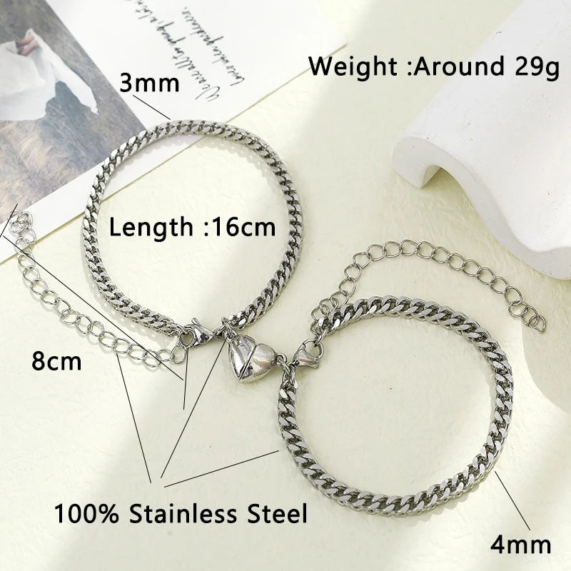 100% Unfading Stainless Steel Bracelet Chain For Lovers Magnet Couple Braslet Heart Attract Paired Brazalete Friendship Jewelry